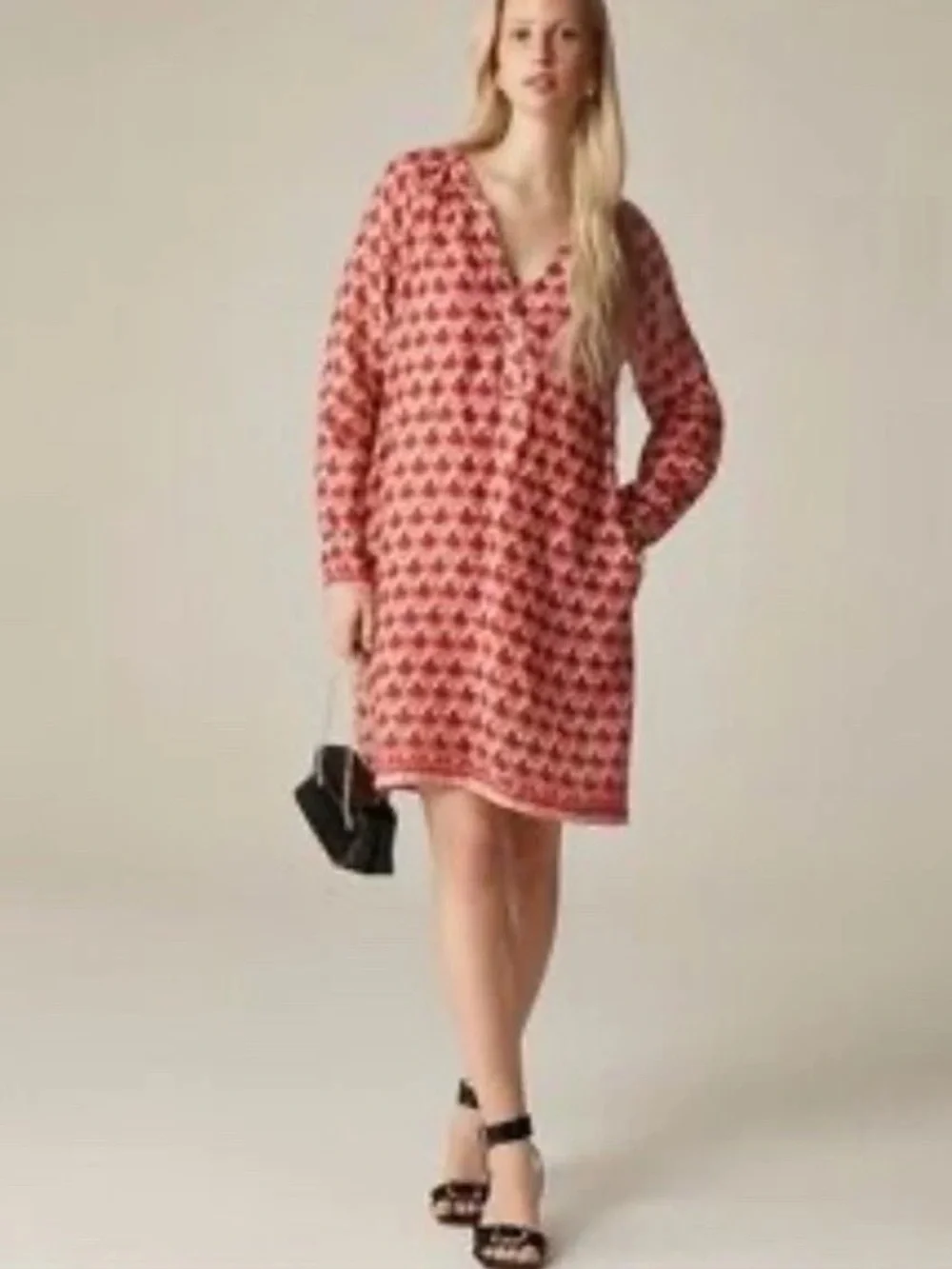 J. Crew Red/Pink Floral Cabana Mini Dress, Long Sleeve, 100% Ramie large
